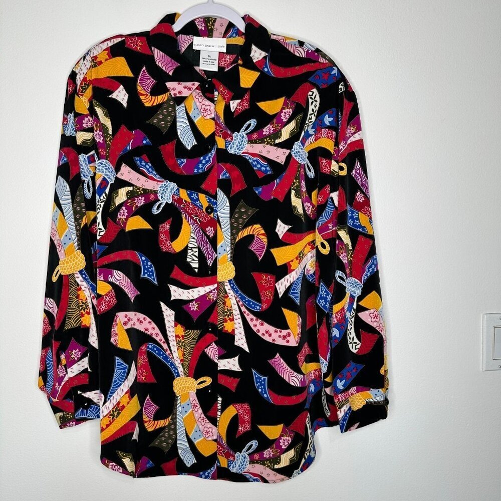 Susan Graver Shirt Black Size 1X Colorful